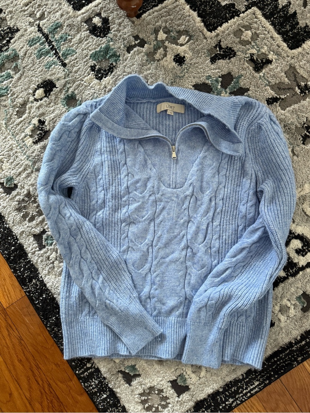 LOFT Light Blue Cable-Knit Half-Zip Turtleneck Sweater